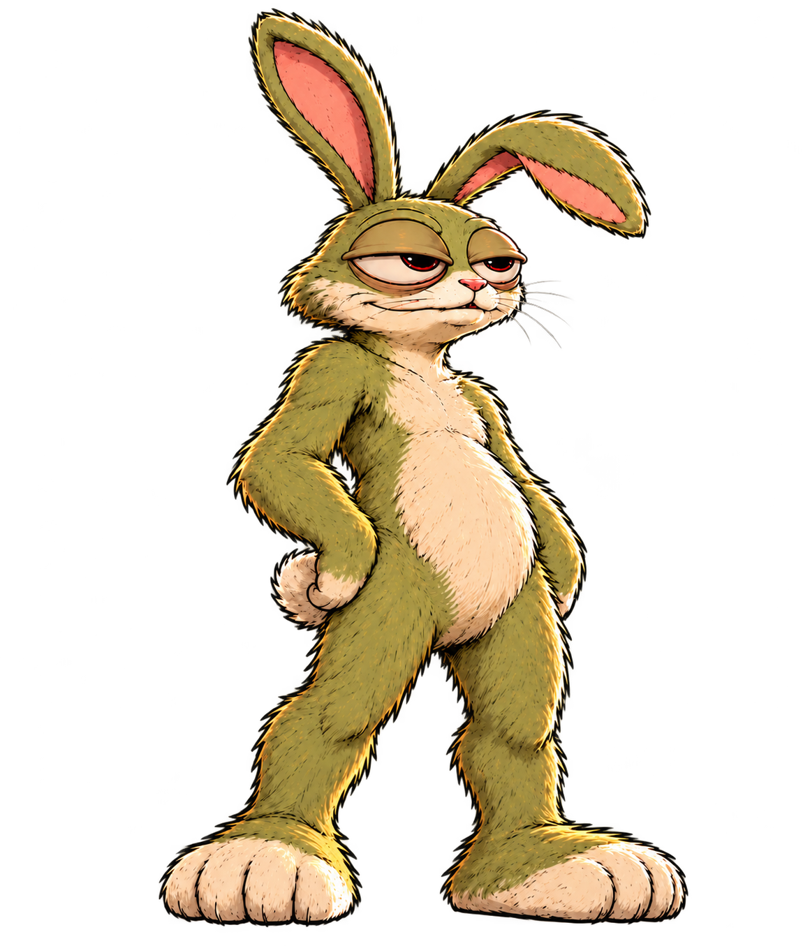 MOOG, a sleepy green rabbit standing in the clouds